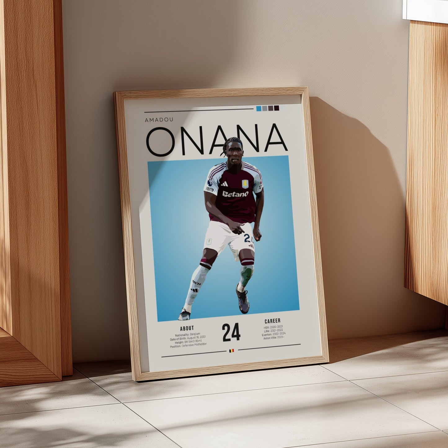 Football poster of Amadou Onana in Aston Villa shirt, vibrant colors and modern design for sports enthusiasts