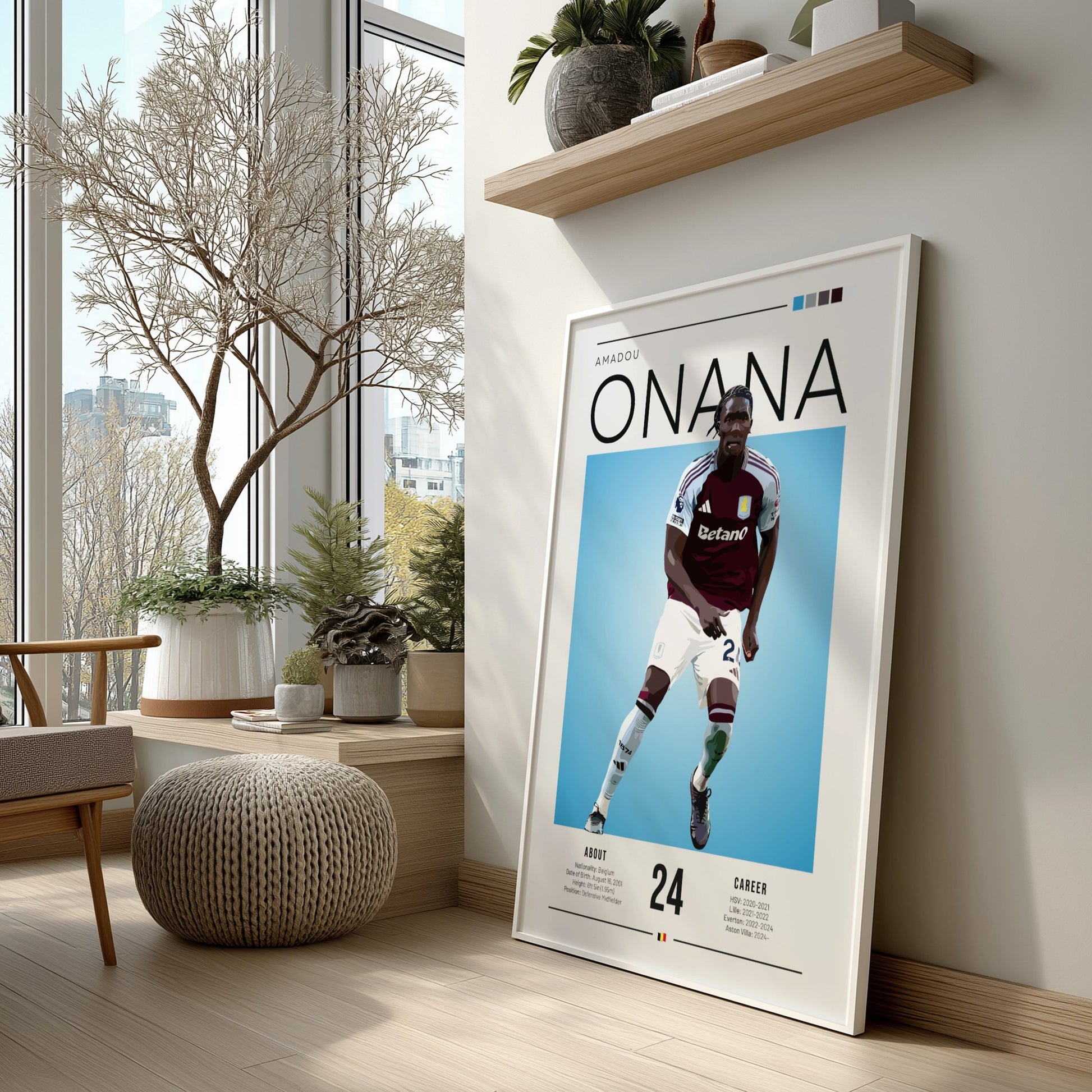 Football poster of Amadou Onana in Aston Villa shirt, vibrant colors and modern design for sports enthusiasts