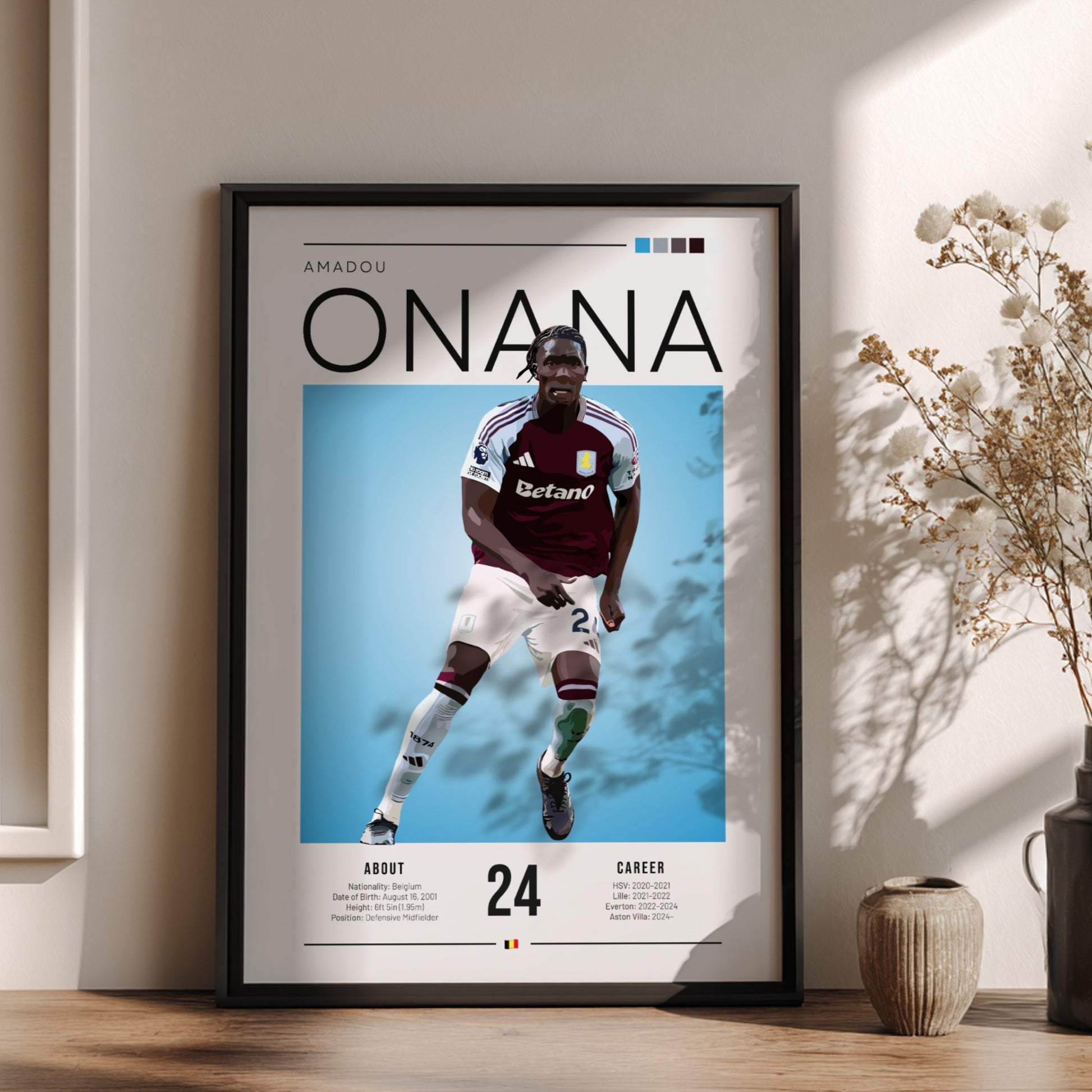 Football poster of Amadou Onana in Aston Villa shirt, vibrant colors and modern design for sports enthusiasts