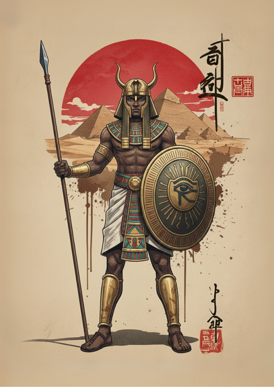 Egyptian Warrior Art Print – Japanese Ink Sumi-e Rising Sun Poster