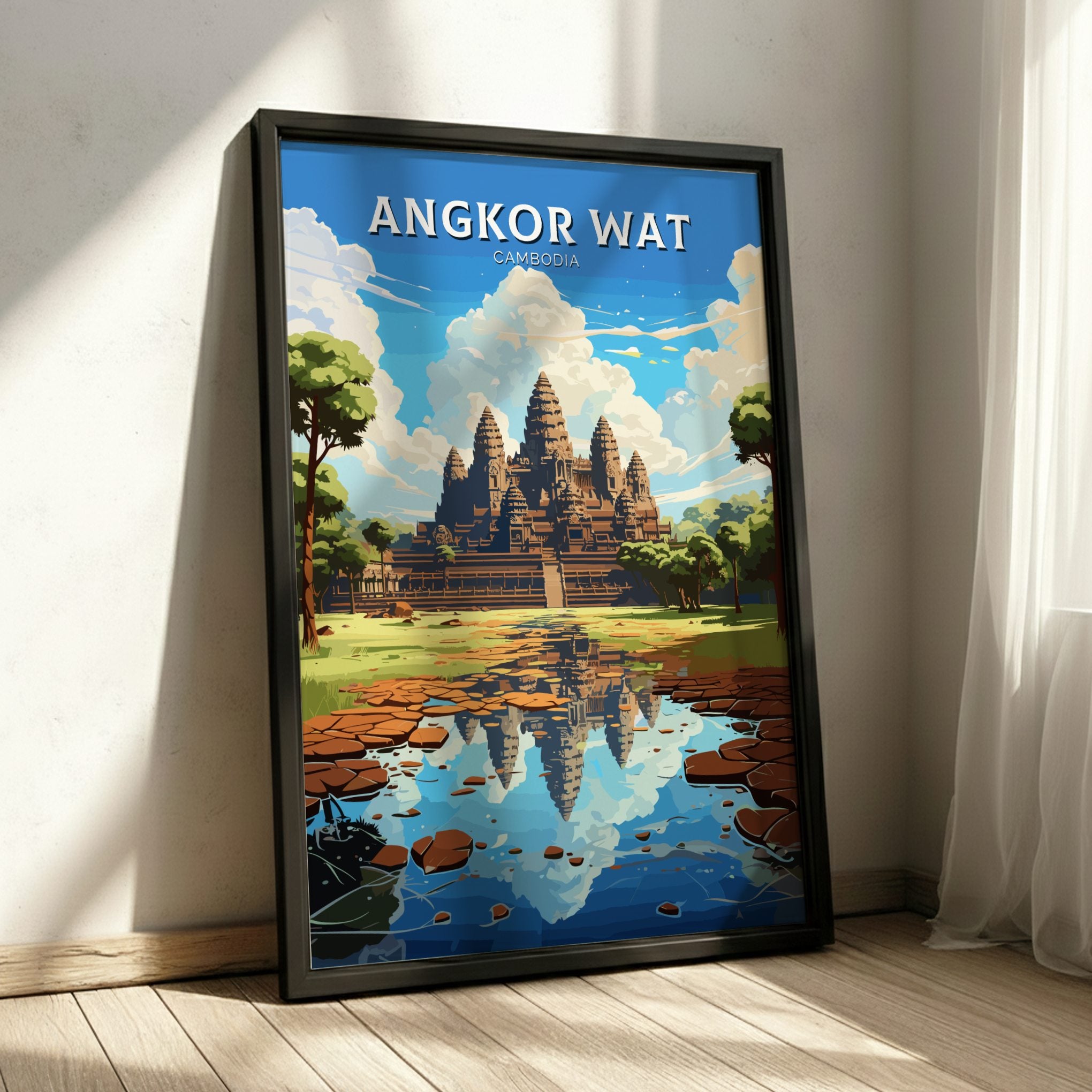Asian ANGKOR WAT TRAVEL POSTER - RETRO CAMBODIA ART