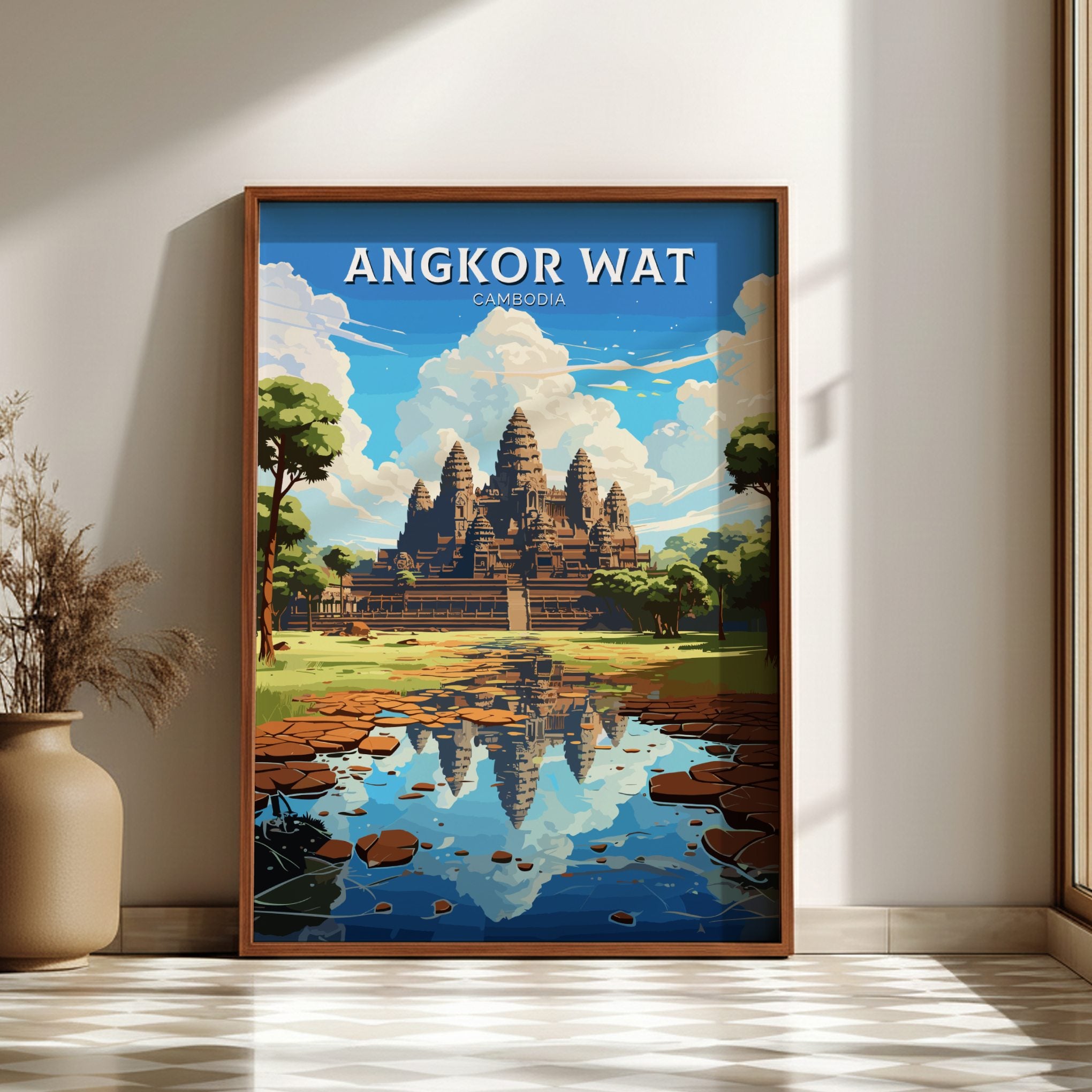 Asian ANGKOR WAT TRAVEL POSTER - RETRO CAMBODIA ART