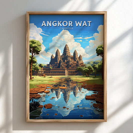 Framed poster of Angkor Wat with a wooden frame on a white wall.