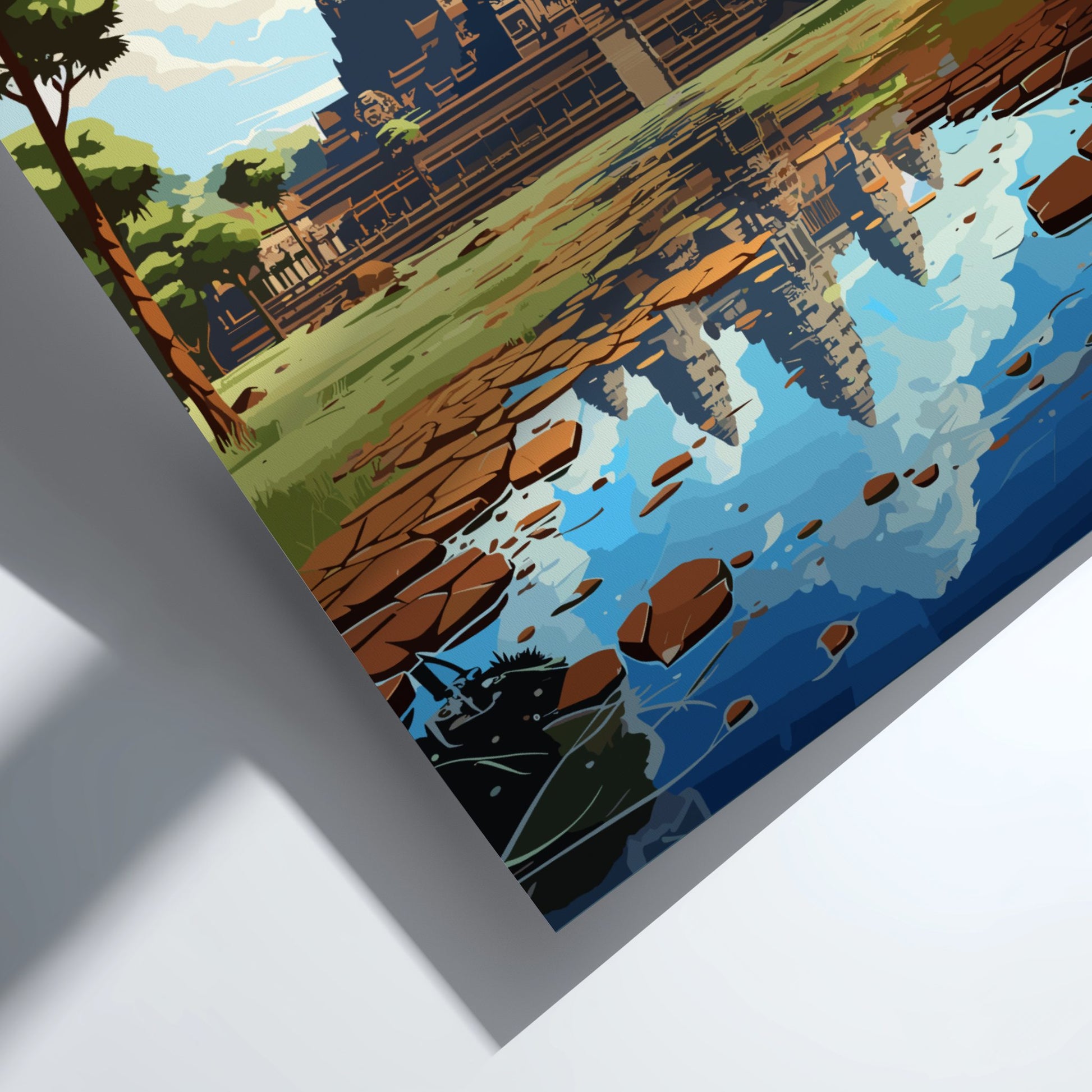 Framed artwork of a temple reflection in water with trees and grass.