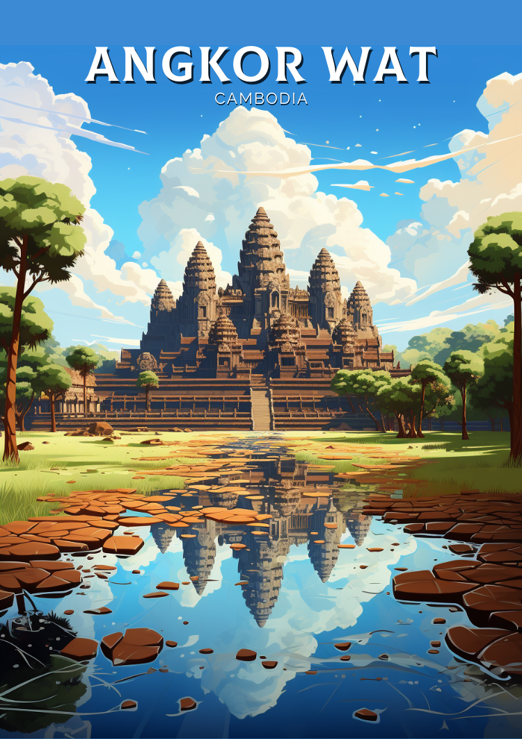 Asian ANGKOR WAT TRAVEL POSTER - RETRO CAMBODIA ART