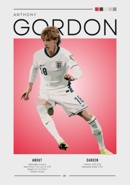 Anthony Gordon poster featuring England national team design with vibrant colors and dynamic style