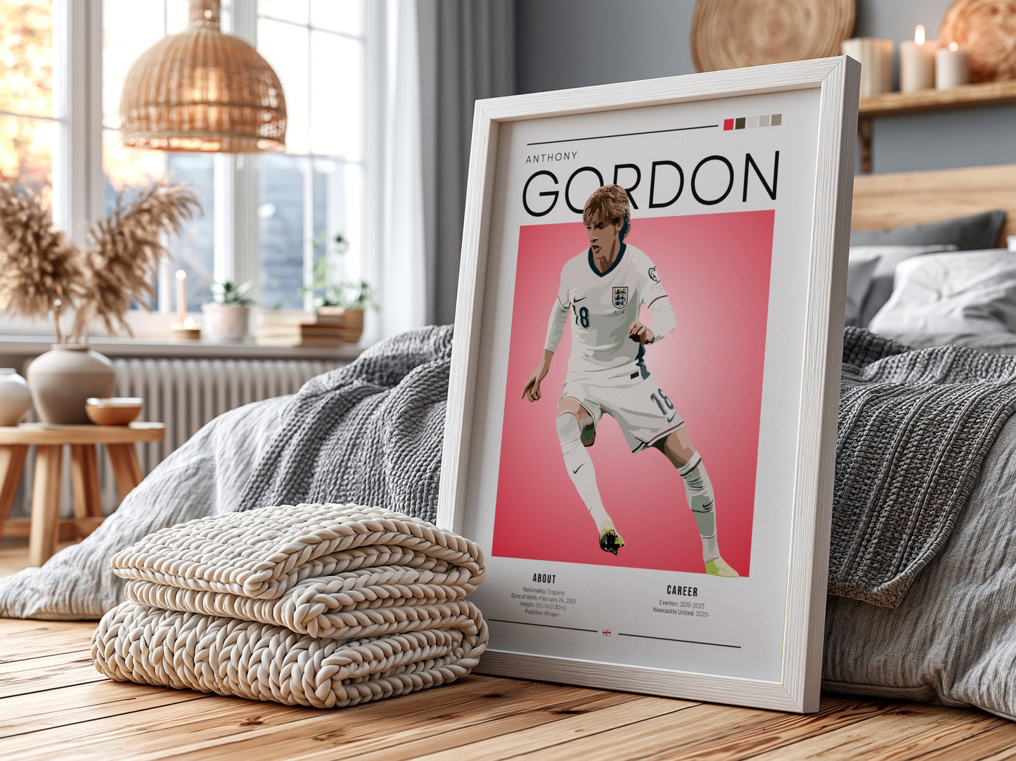 Anthony Gordon poster featuring England national team design with vibrant colors and dynamic style