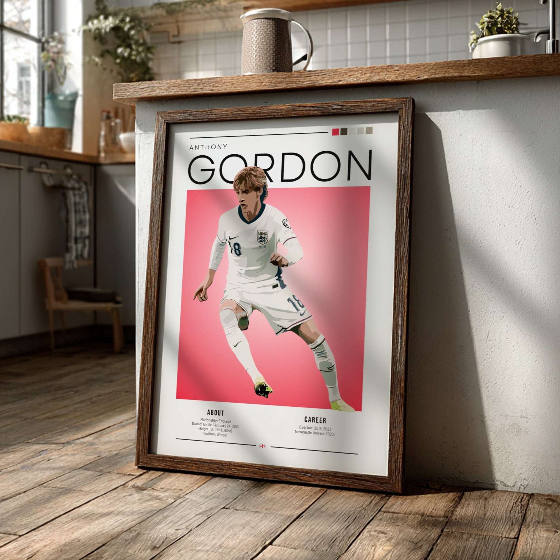 Anthony Gordon poster featuring England national team design with vibrant colors and dynamic style