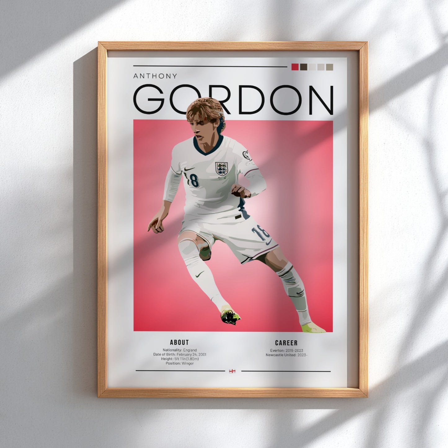 Anthony Gordon poster featuring England national team design with vibrant colors and dynamic style