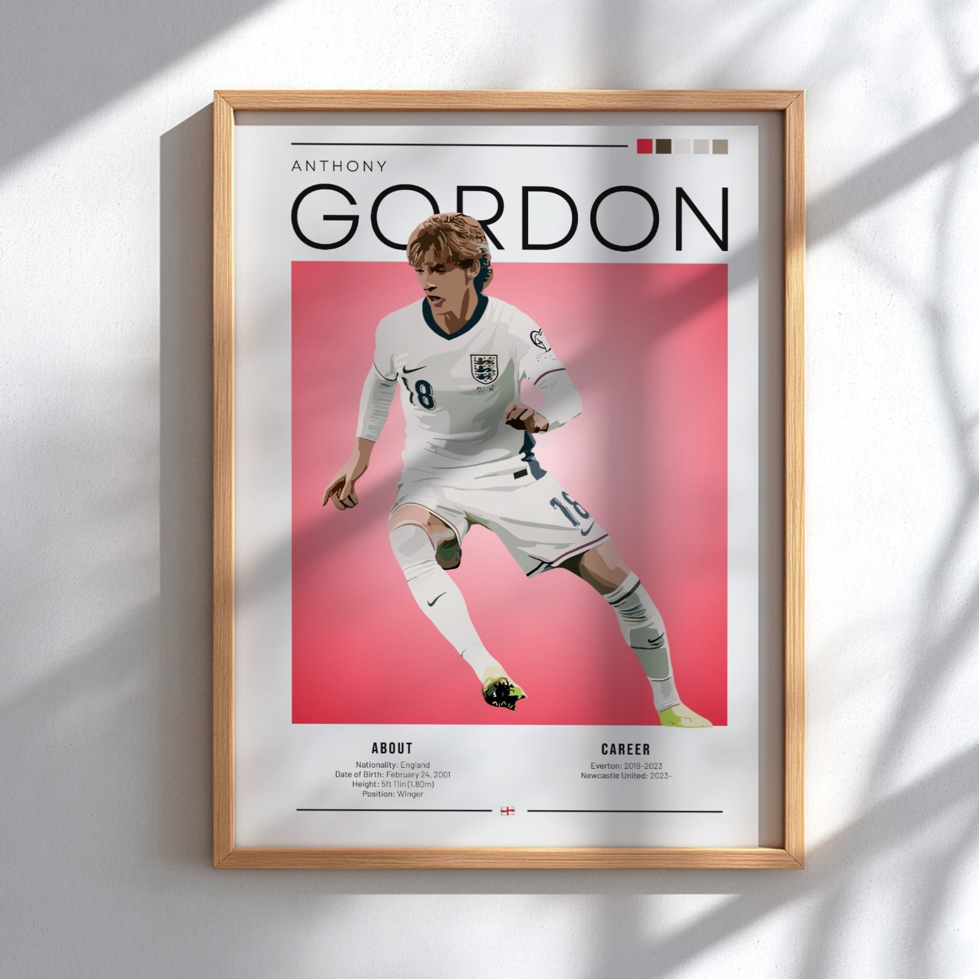 Anthony Gordon poster featuring England national team design with vibrant colors and dynamic style