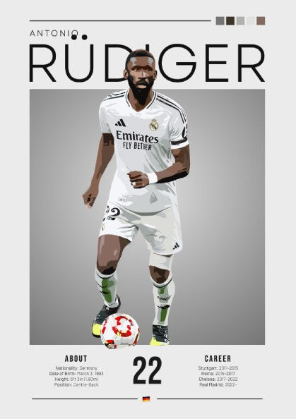 Antonio Rüdiger poster in Real Madrid football shirt, vibrant colors, modern design, sports wall decor