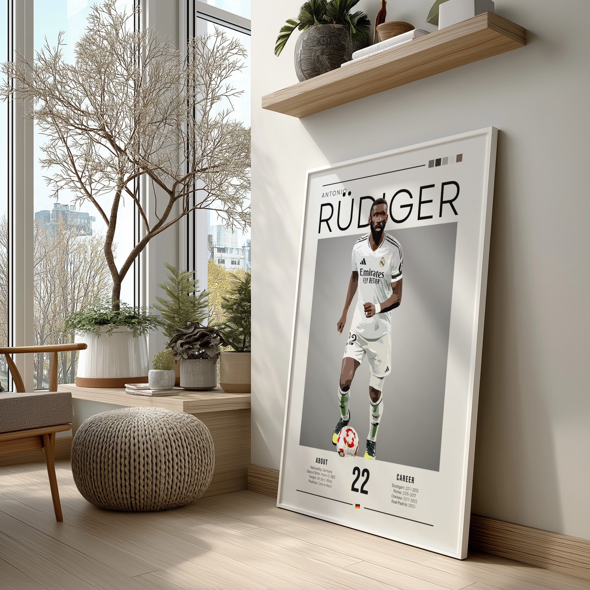 Antonio Rüdiger poster in Real Madrid football shirt, vibrant colors, modern design, sports wall decor