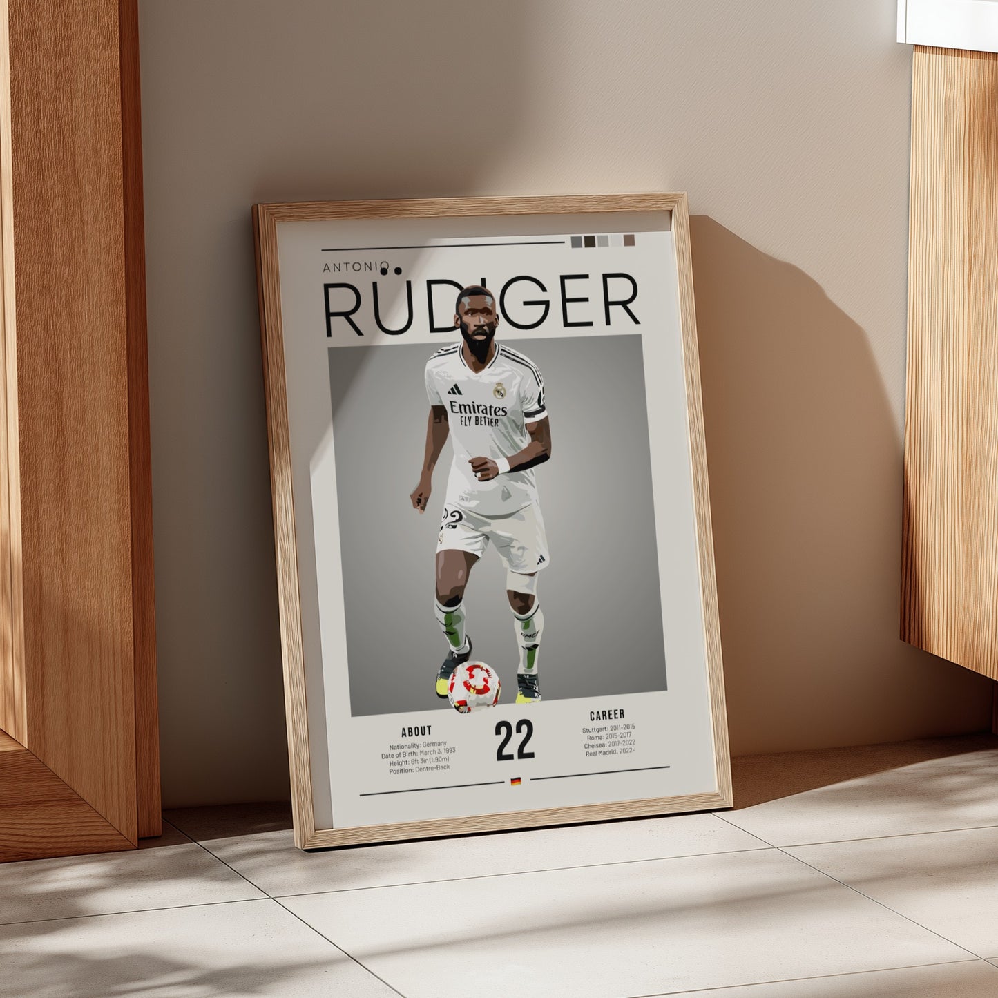 Antonio Rüdiger poster in Real Madrid football shirt, vibrant colors, modern design, sports wall decor