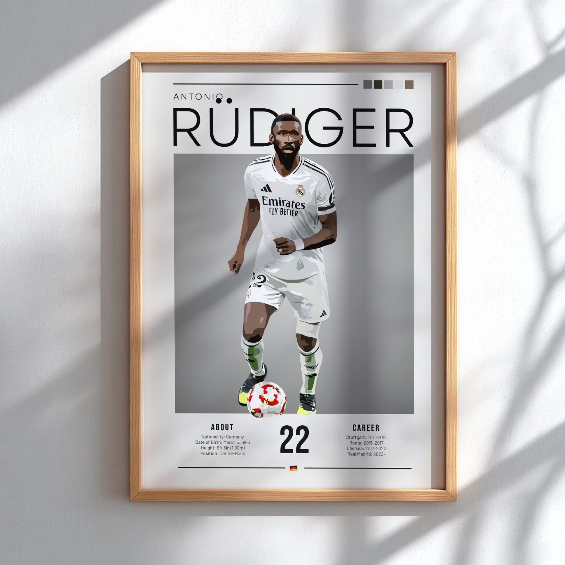 Antonio Rüdiger poster in Real Madrid football shirt, vibrant colors, modern design, sports wall decor