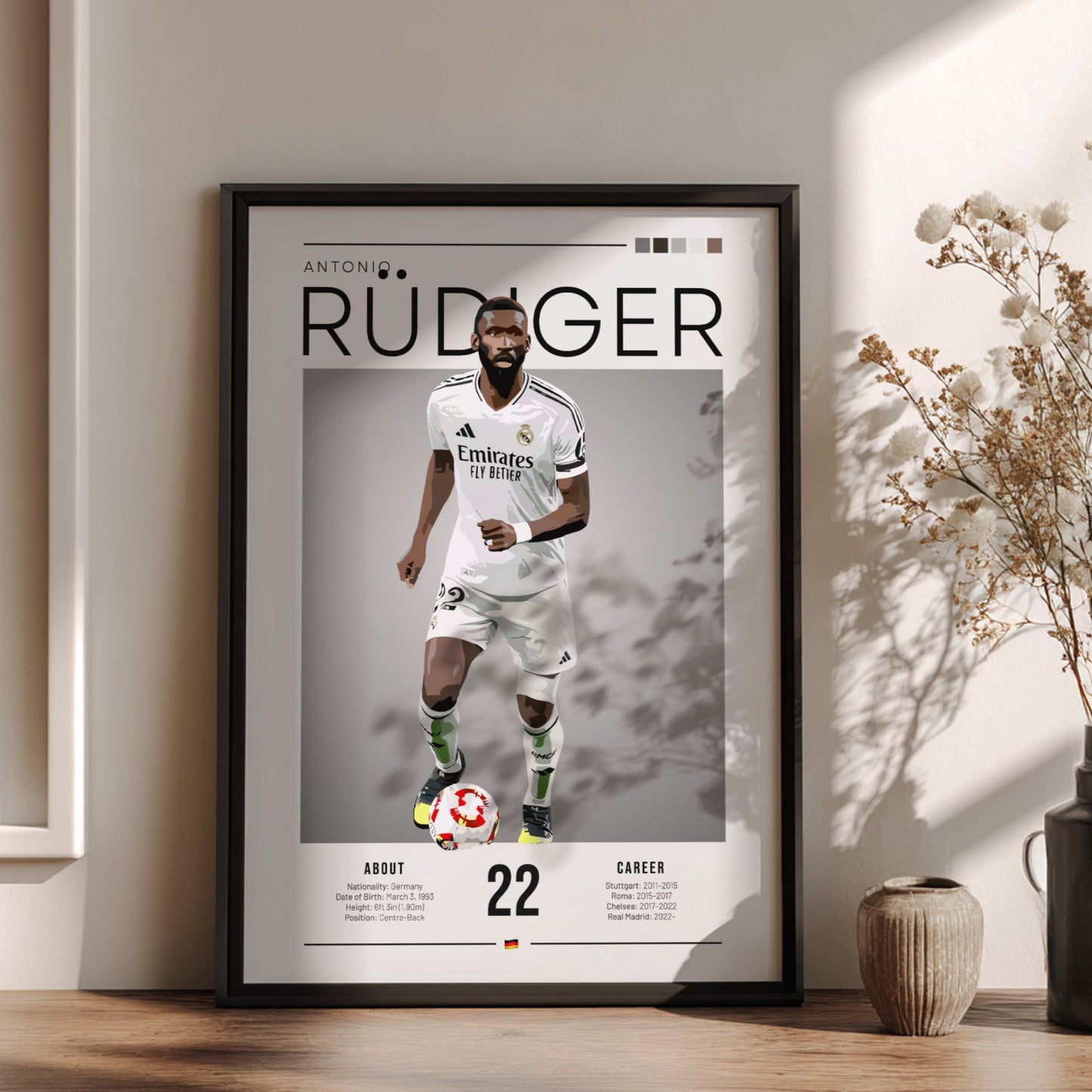 Antonio Rüdiger poster in Real Madrid football shirt, vibrant colors, modern design, sports wall decor