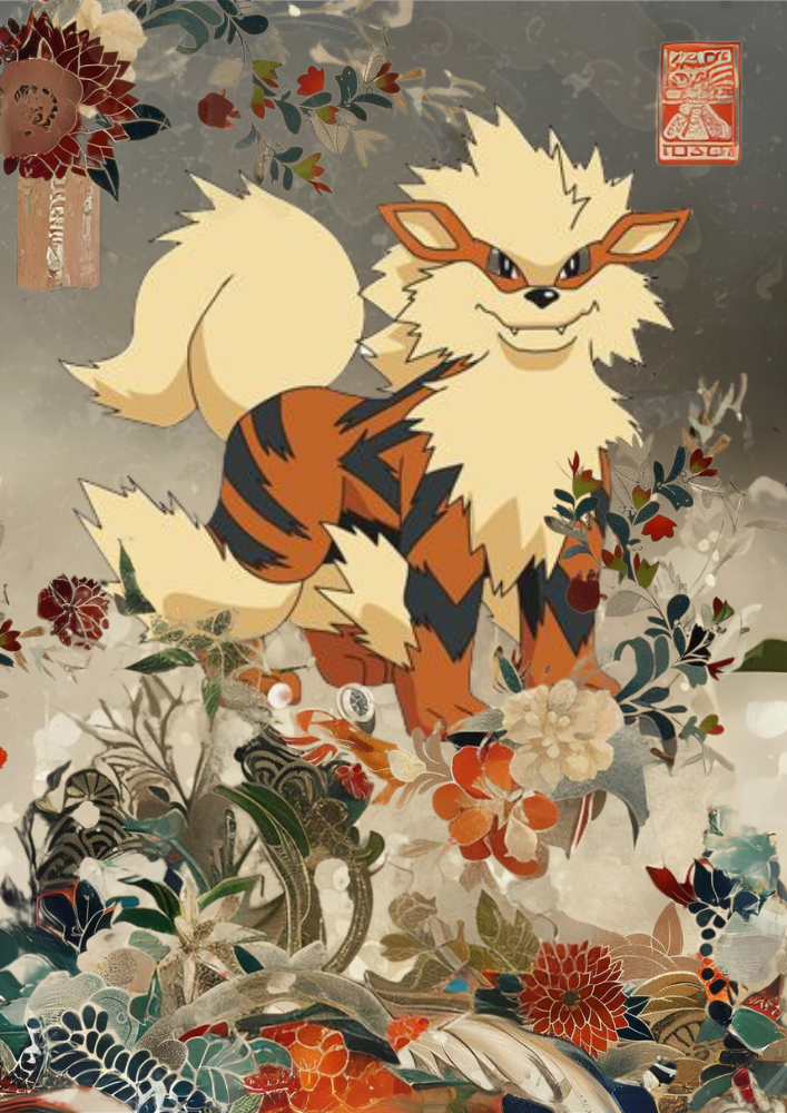 Arcanine: Japanese Tapestry Style Pokemon Anime Poster