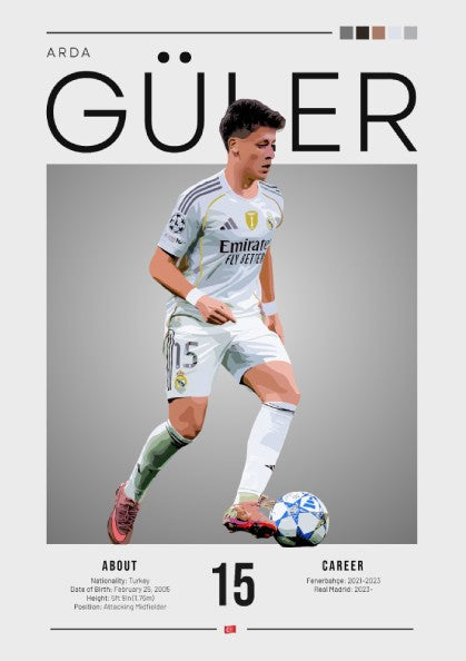 Arda Güler poster in Real Madrid football shirt, vibrant colors, modern design, sports wall art