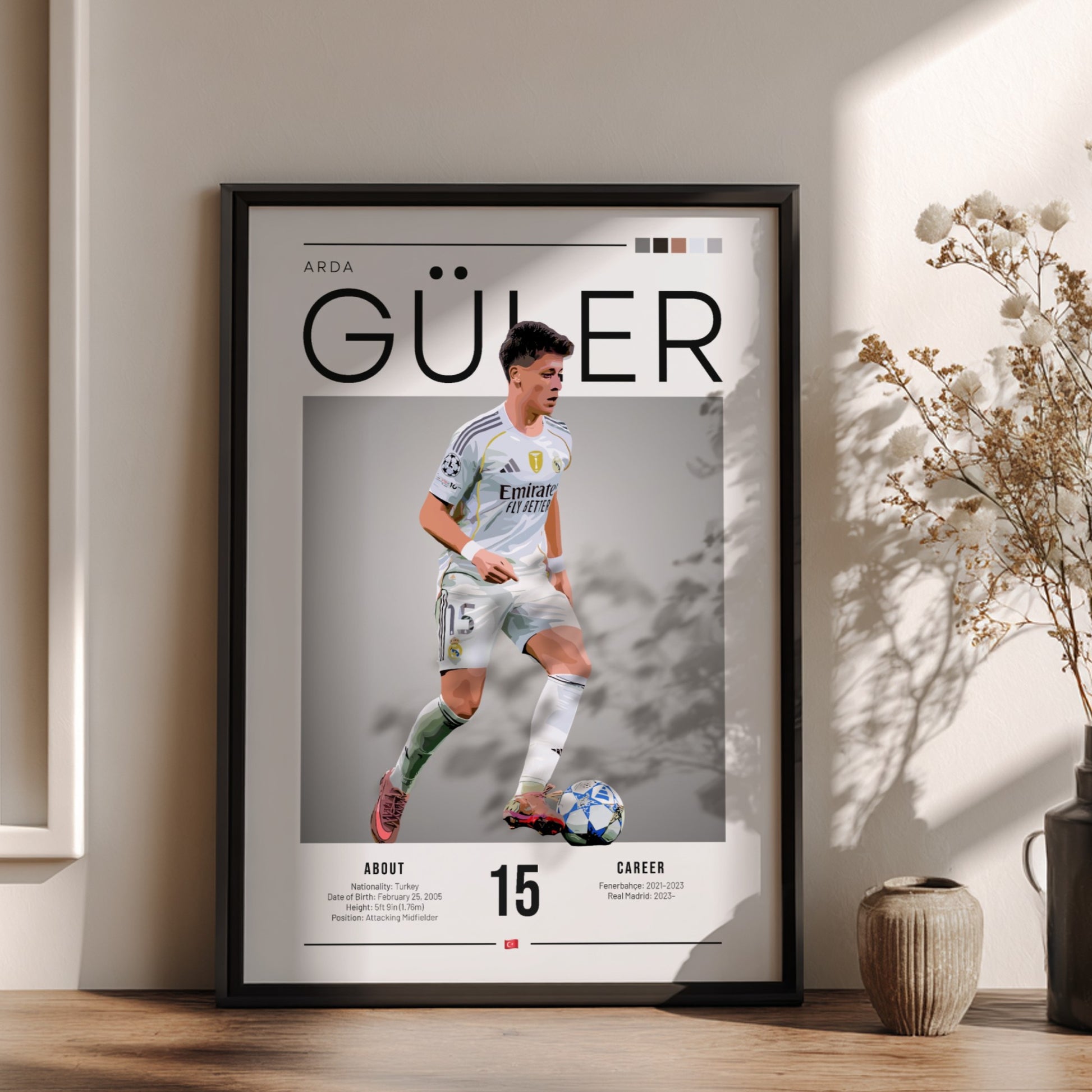 Arda Güler poster in Real Madrid football shirt, vibrant colors, modern design, sports wall art