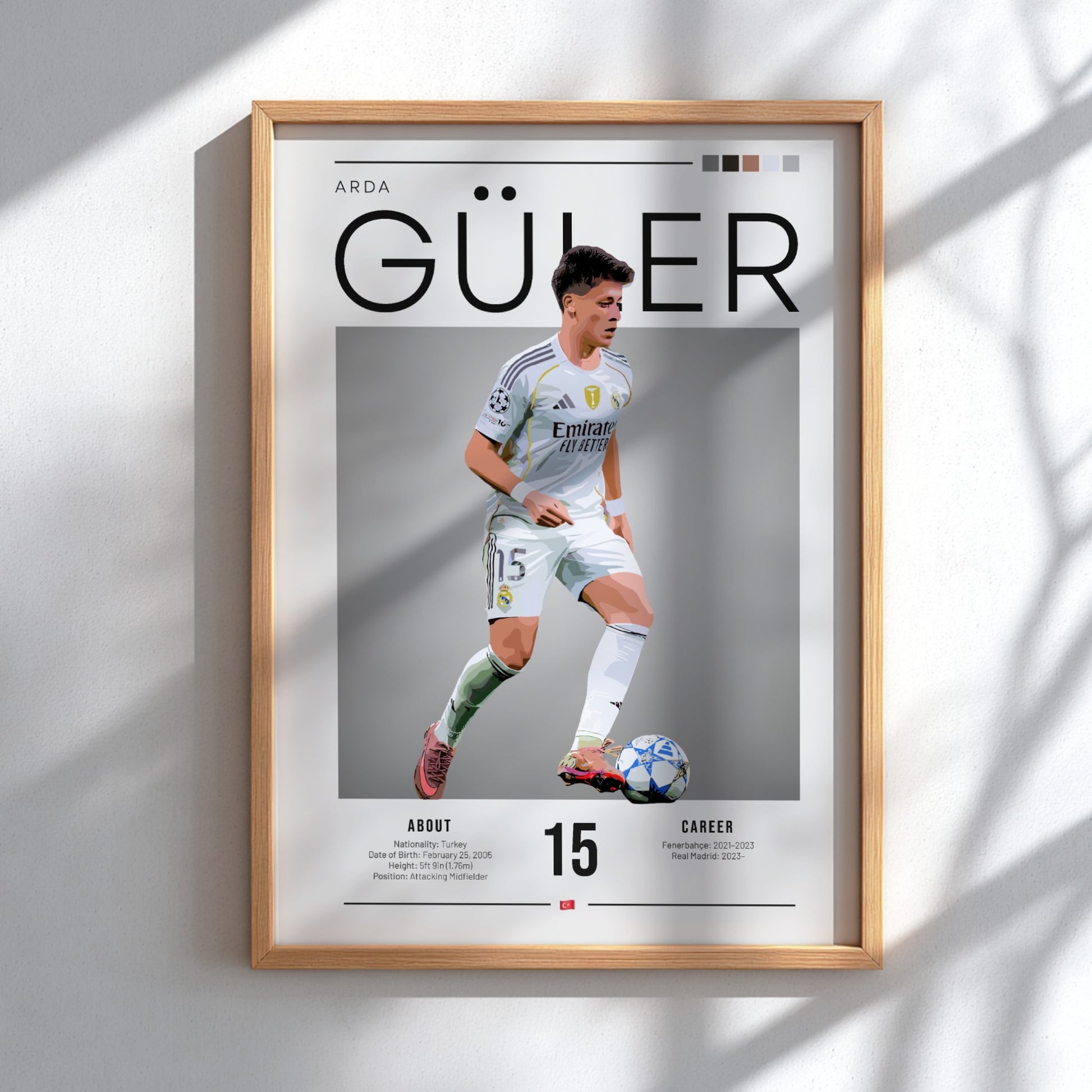 Arda Güler poster in Real Madrid football shirt, vibrant colors, modern design, sports wall art