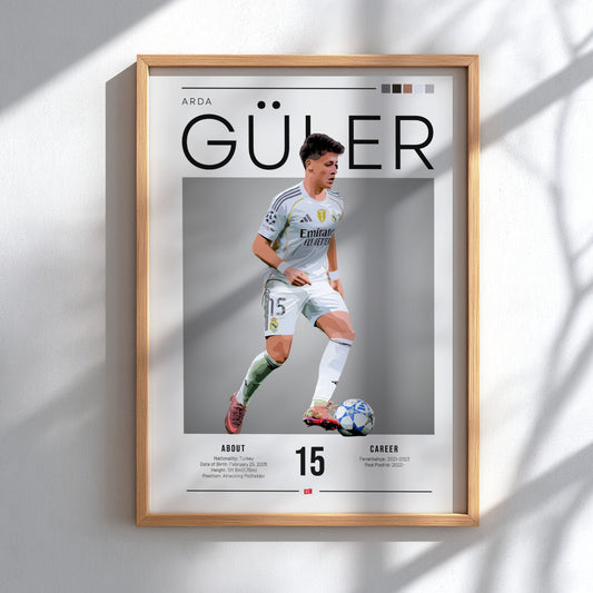 Arda Güler poster in Real Madrid football shirt, vibrant colors, modern design, sports wall art