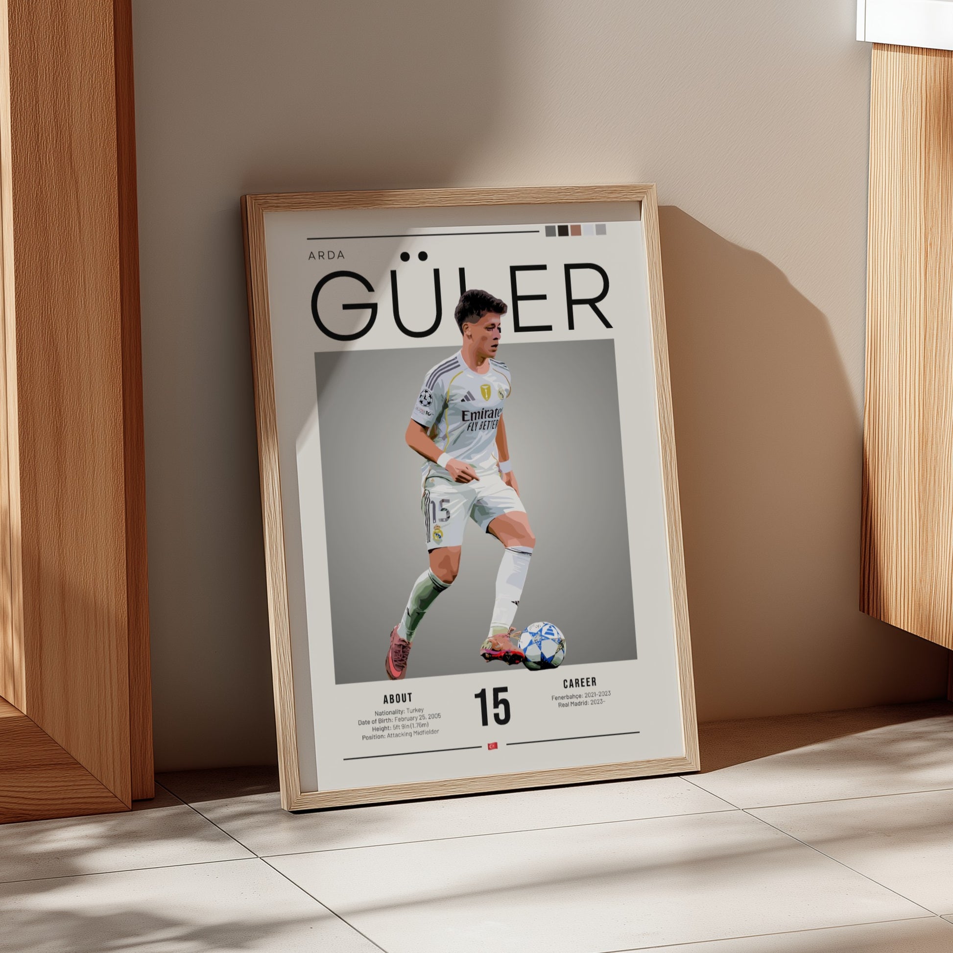 Arda Güler poster in Real Madrid football shirt, vibrant colors, modern design, sports wall art