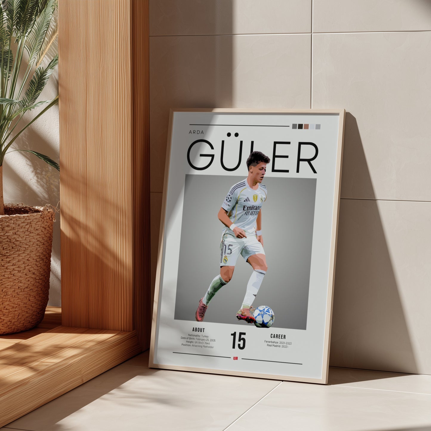 Arda Güler poster in Real Madrid football shirt, vibrant colors, modern design, sports wall art