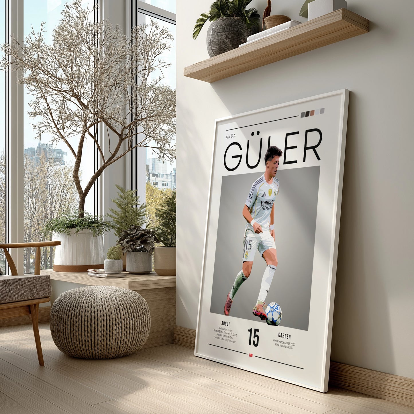 Arda Güler poster in Real Madrid football shirt, vibrant colors, modern design, sports wall art