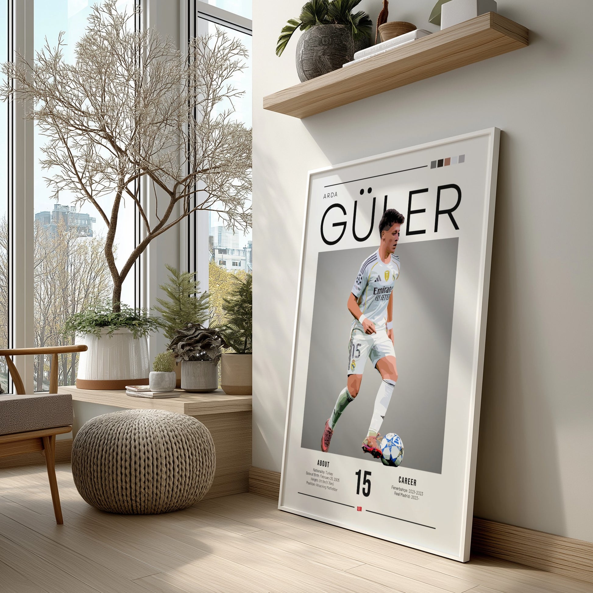 Arda Güler poster in Real Madrid football shirt, vibrant colors, modern design, sports wall art
