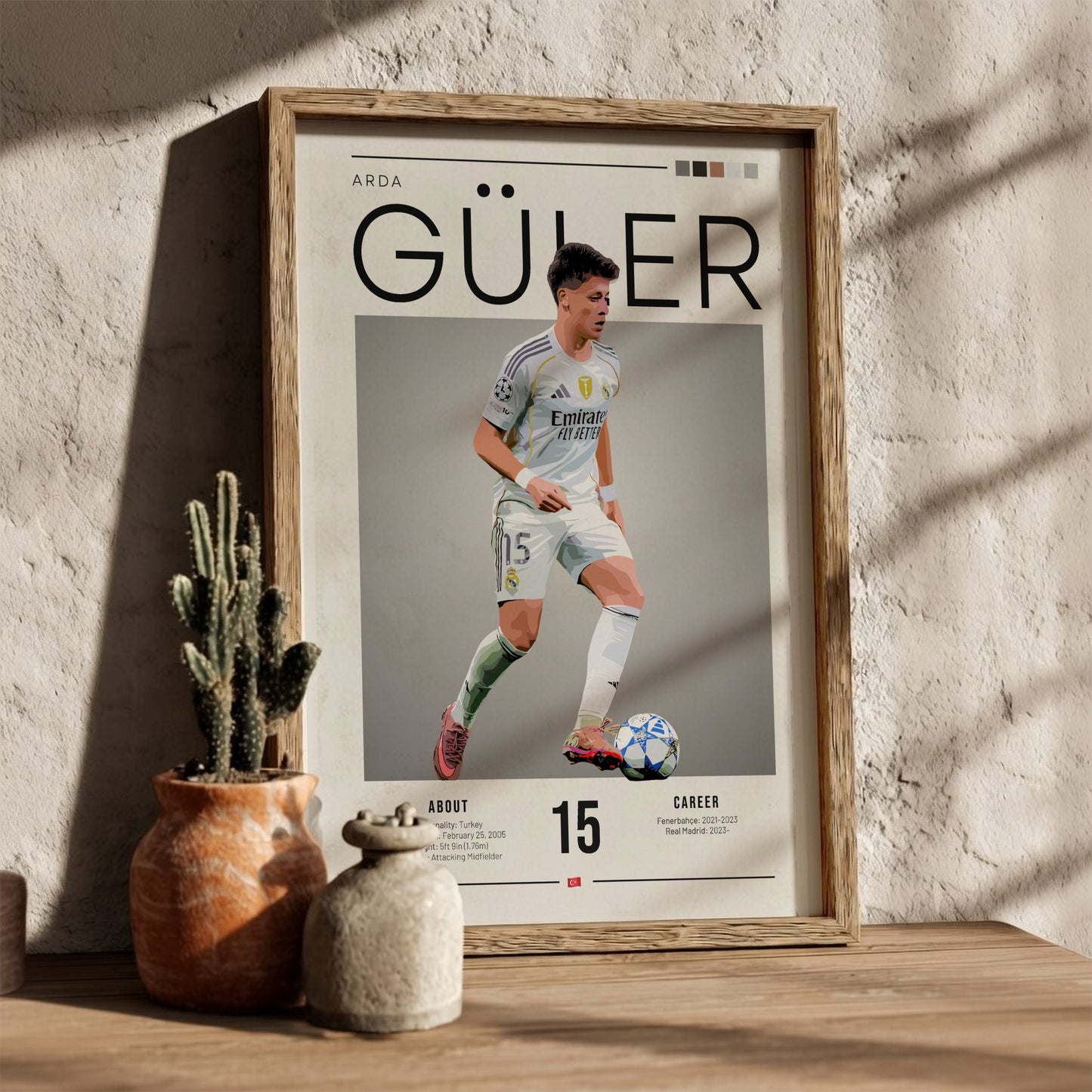 Arda Güler poster in Real Madrid football shirt, vibrant colors, modern design, sports wall art
