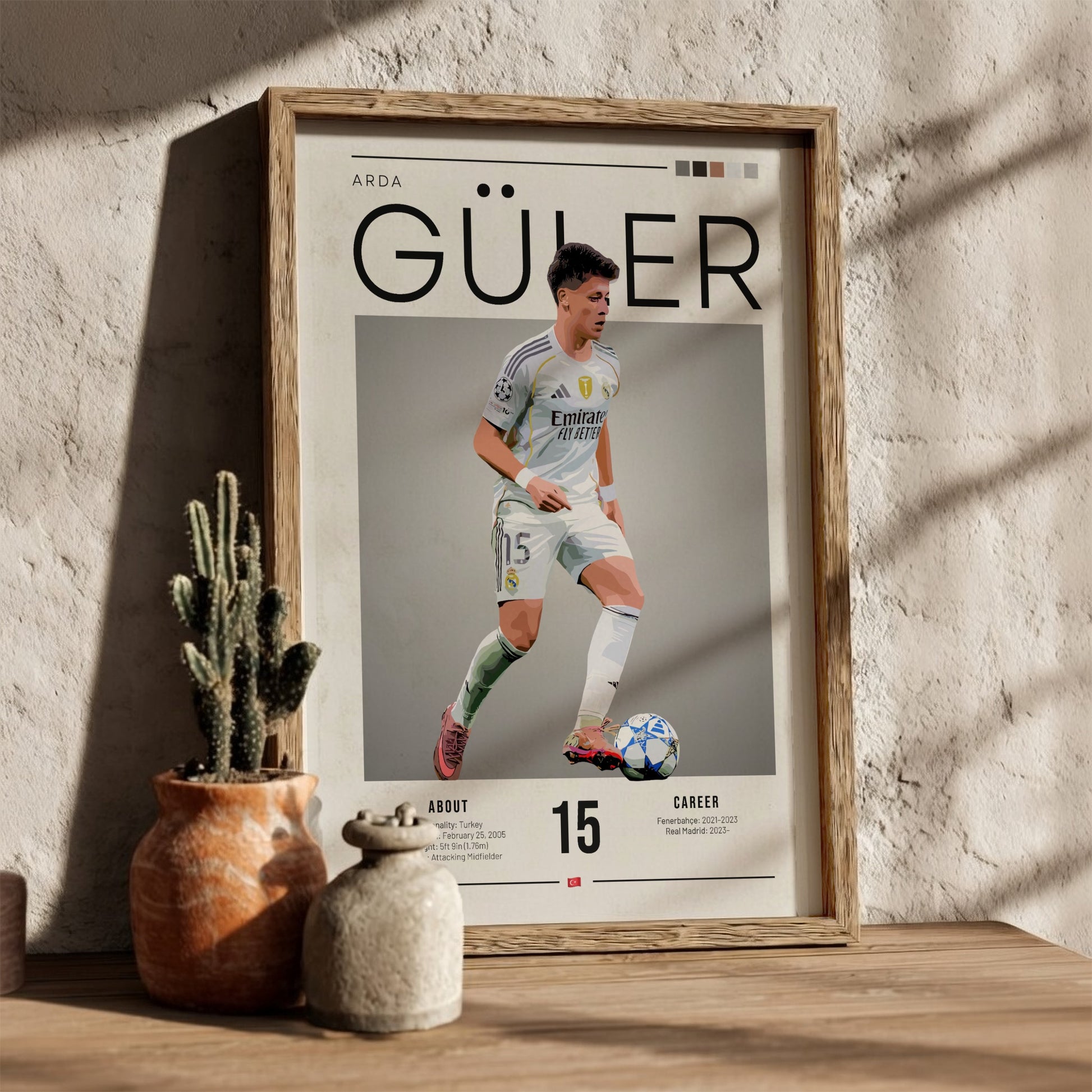 Arda Güler poster in Real Madrid football shirt, vibrant colors, modern design, sports wall art