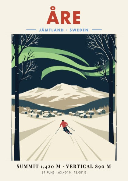 Åre ski resort poster featuring skiers in a snowy landscape with vintage style and cool color palette