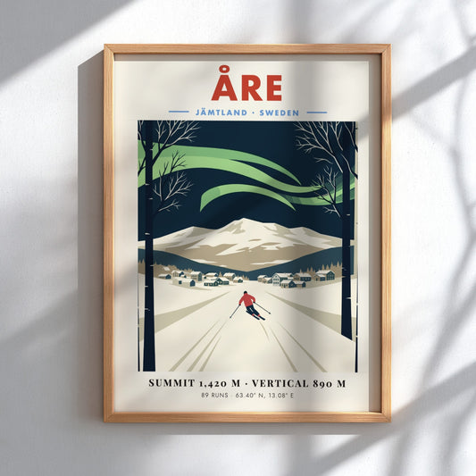 Åre ski resort poster featuring skiers in a snowy landscape with vintage style and cool color palette