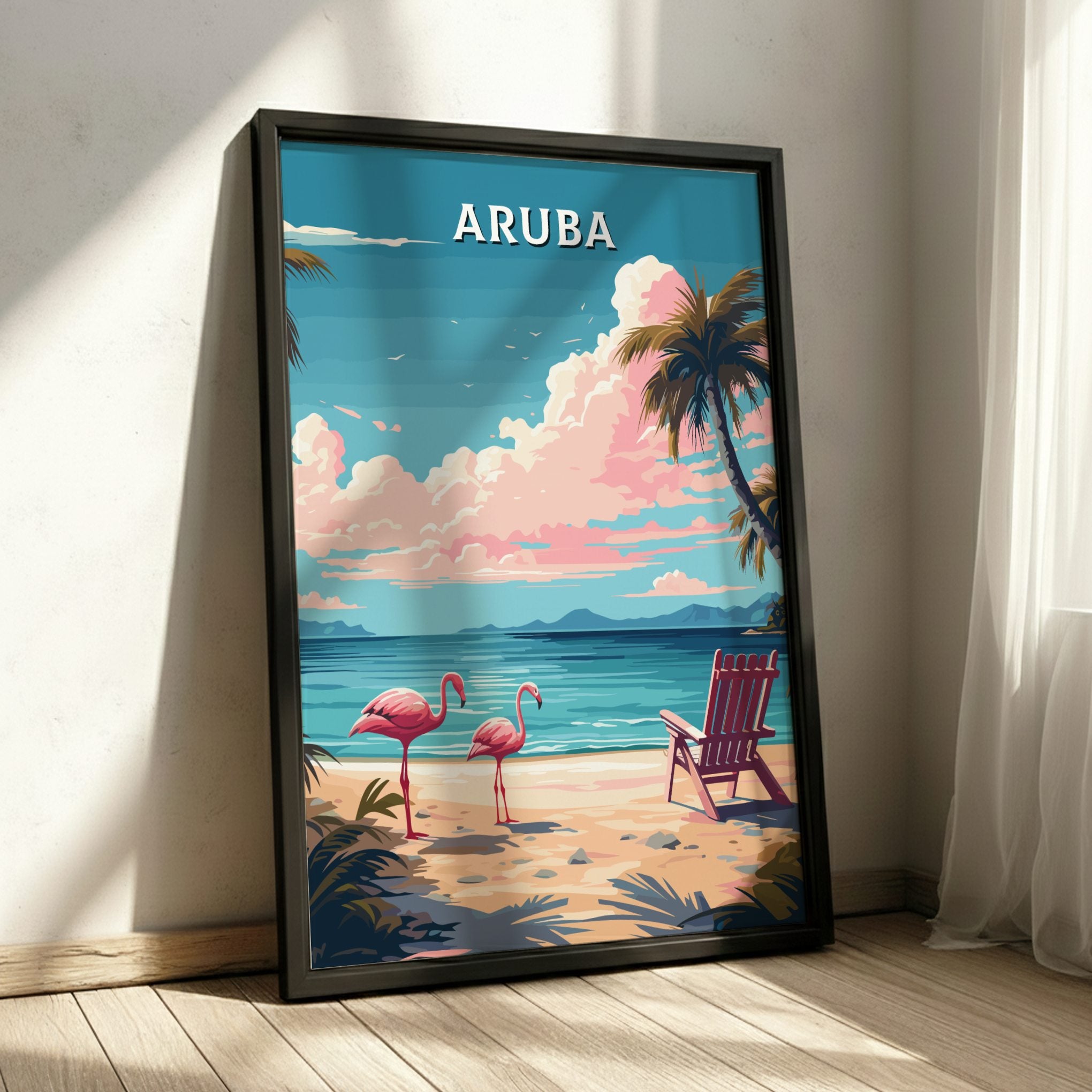 South America ARUBA BEACH POSTER - FLAMINGOS ON TROPICAL SHORE
