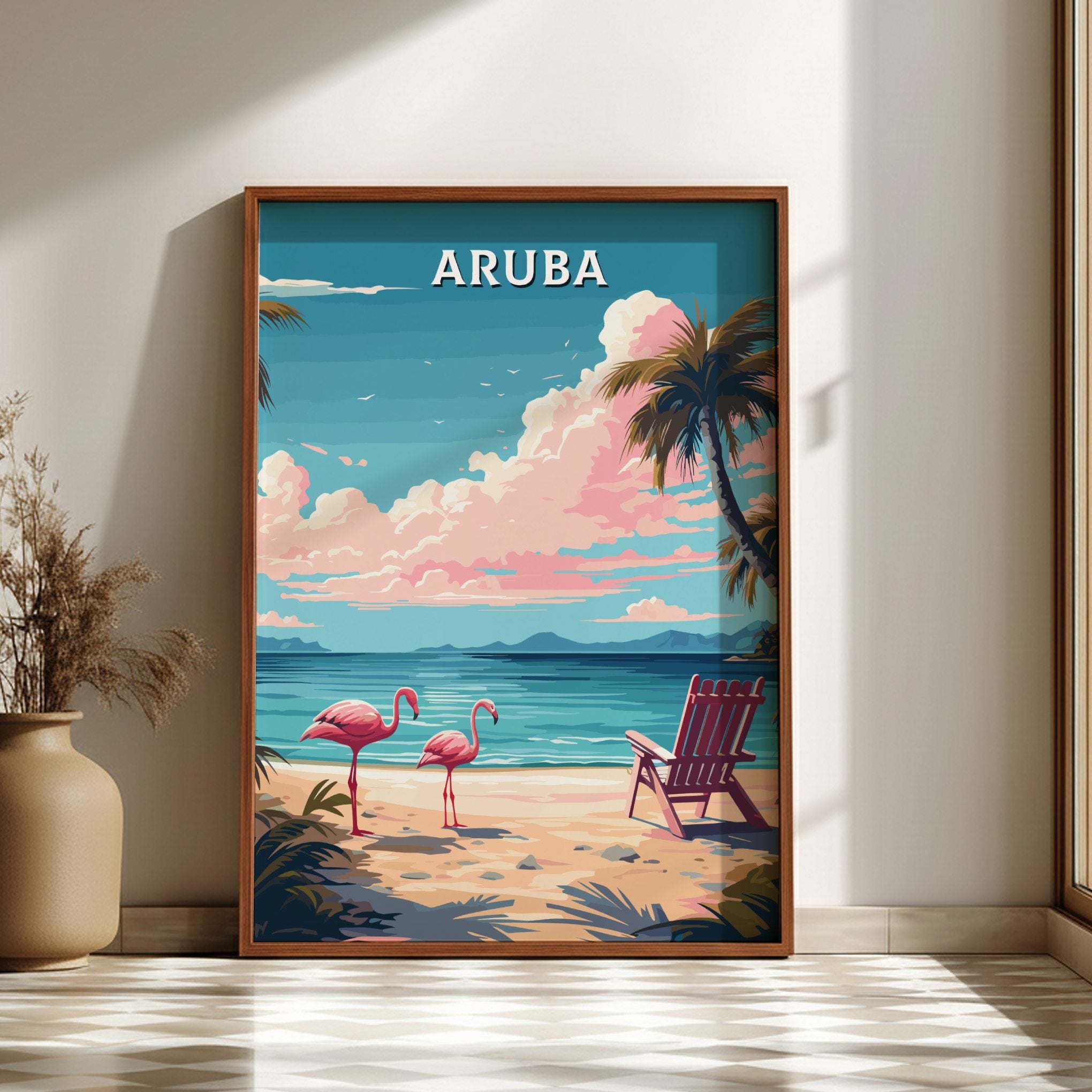 South America ARUBA BEACH POSTER - FLAMINGOS ON TROPICAL SHORE