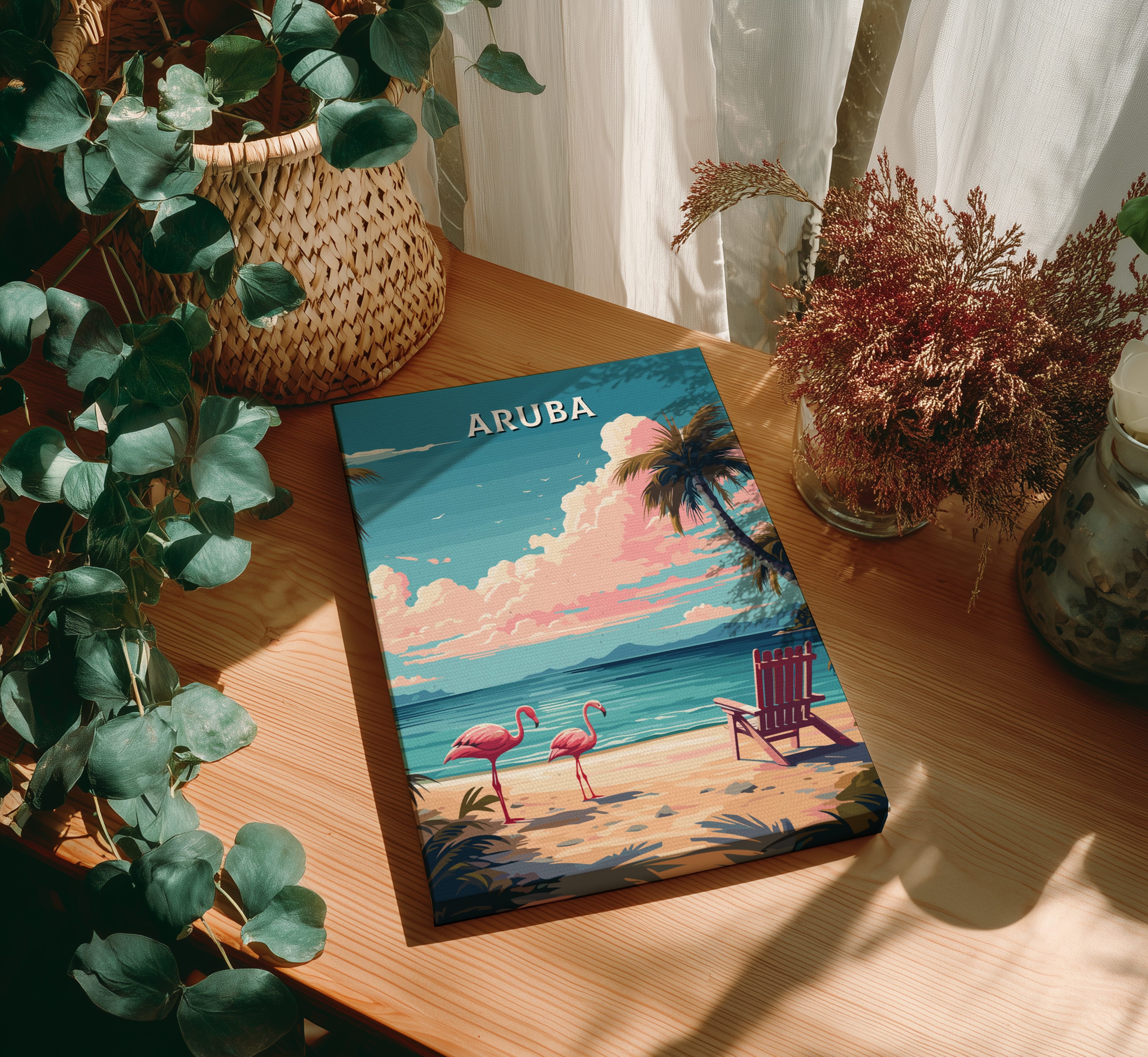 South America ARUBA BEACH POSTER - FLAMINGOS ON TROPICAL SHORE