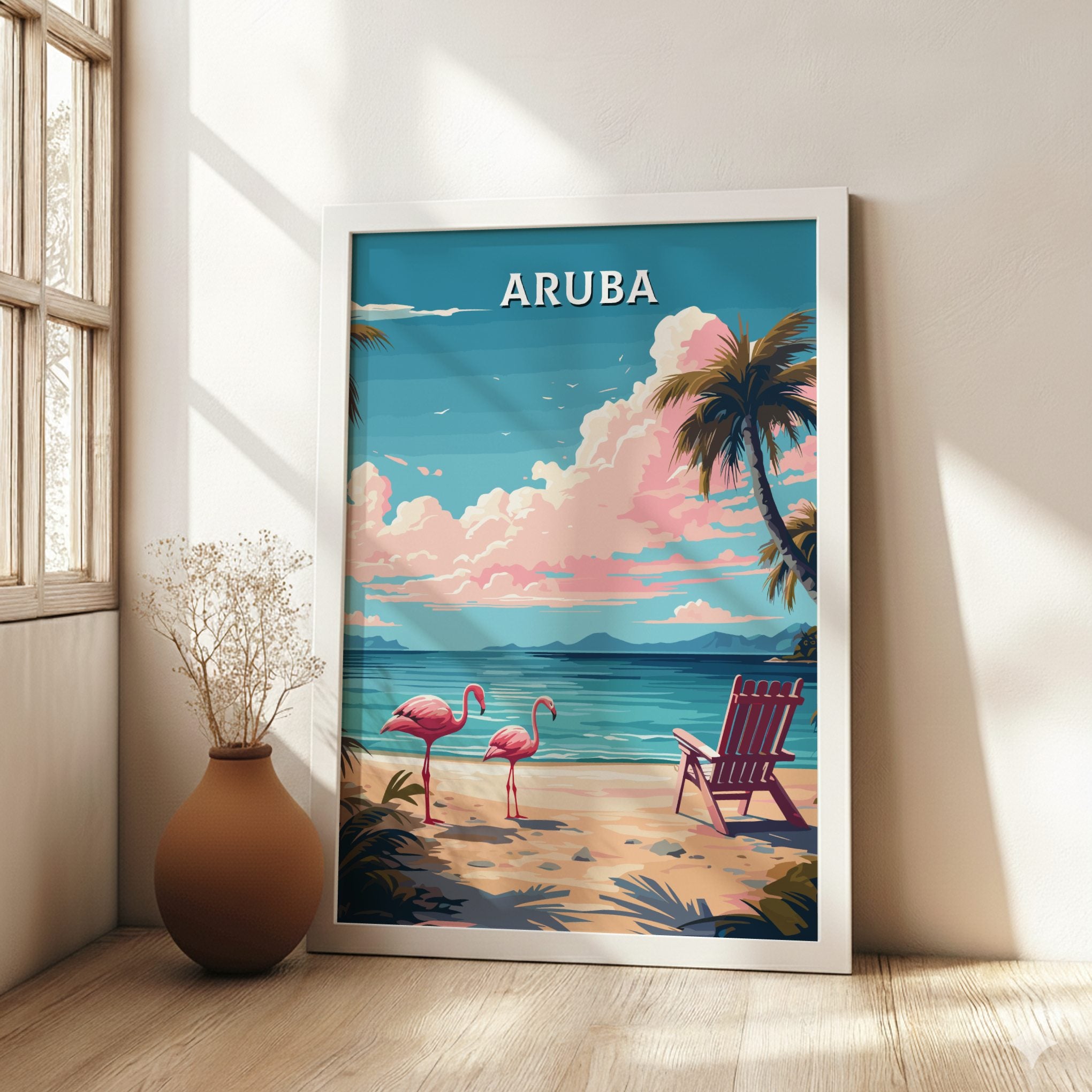 South America ARUBA BEACH POSTER - FLAMINGOS ON TROPICAL SHORE