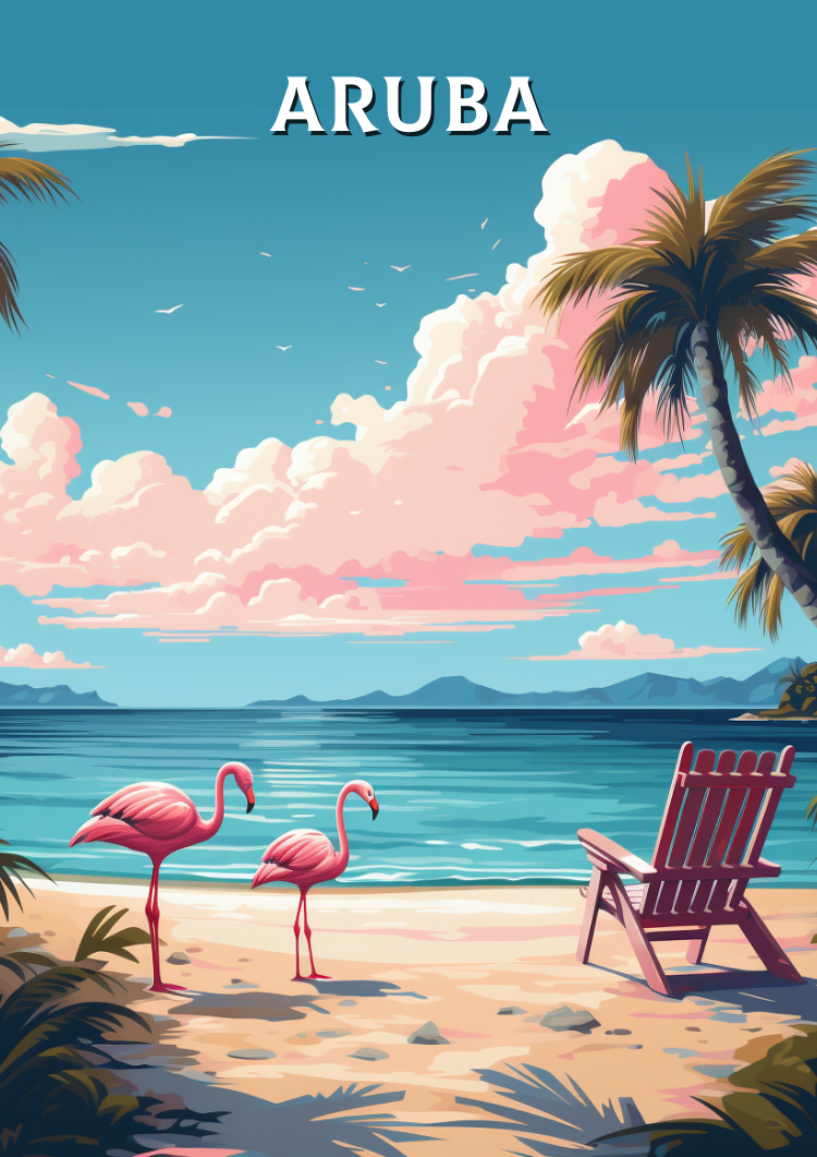South America ARUBA BEACH POSTER - FLAMINGOS ON TROPICAL SHORE