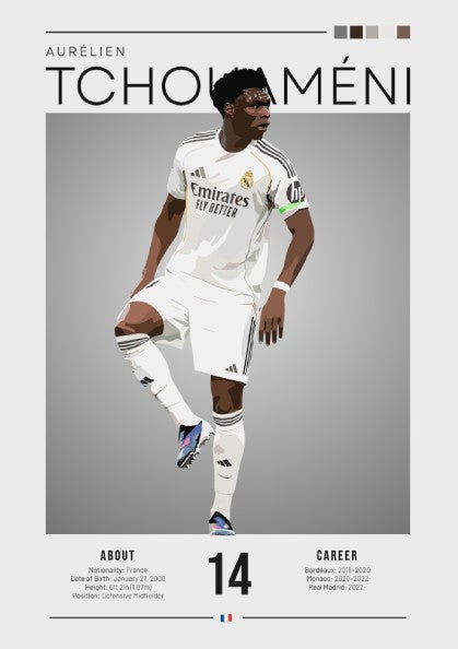 Real Madrid player poster featuring Aurélien Tchouaméni in a dynamic pose with a sleek color palette