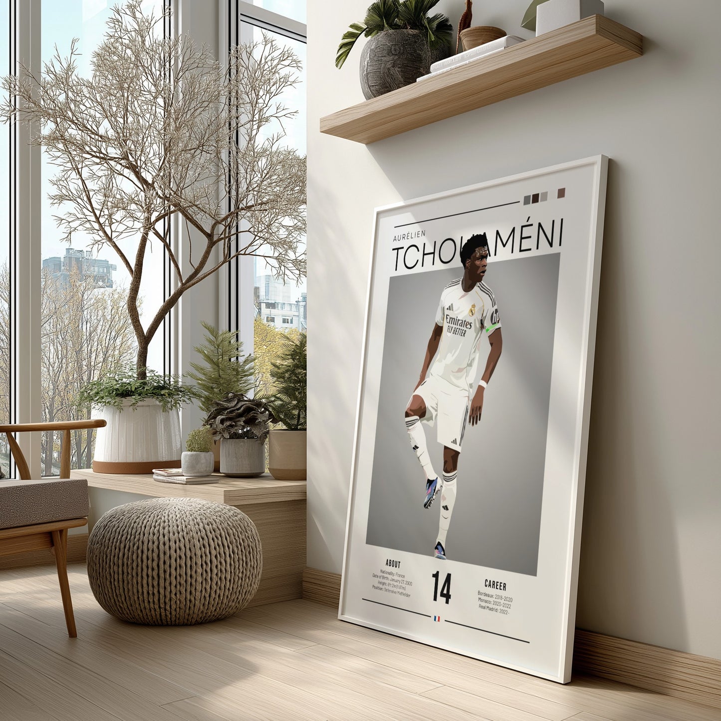 Real Madrid player poster featuring Aurélien Tchouaméni in a dynamic pose with a sleek color palette