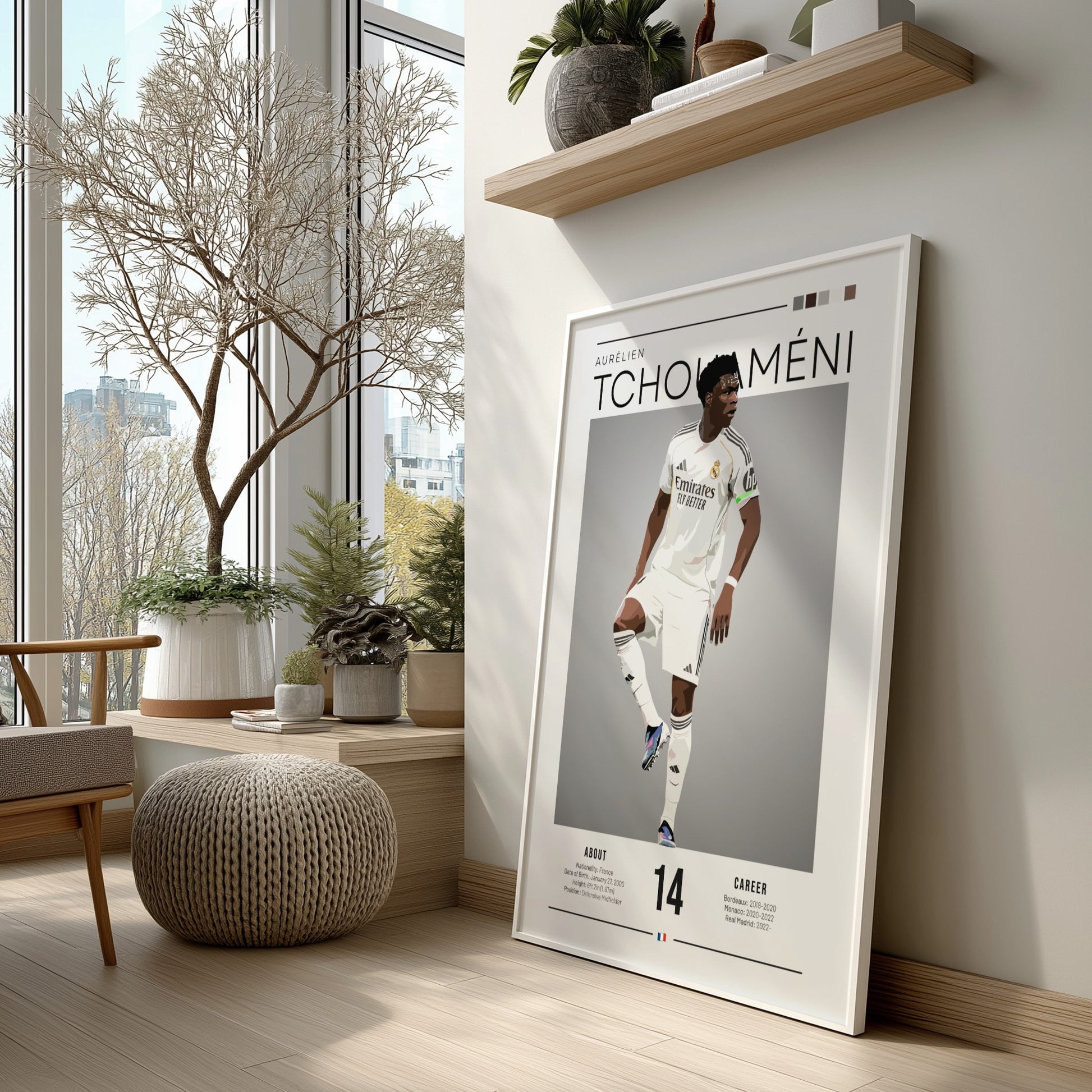 Real Madrid player poster featuring Aurélien Tchouaméni in a dynamic pose with a sleek color palette