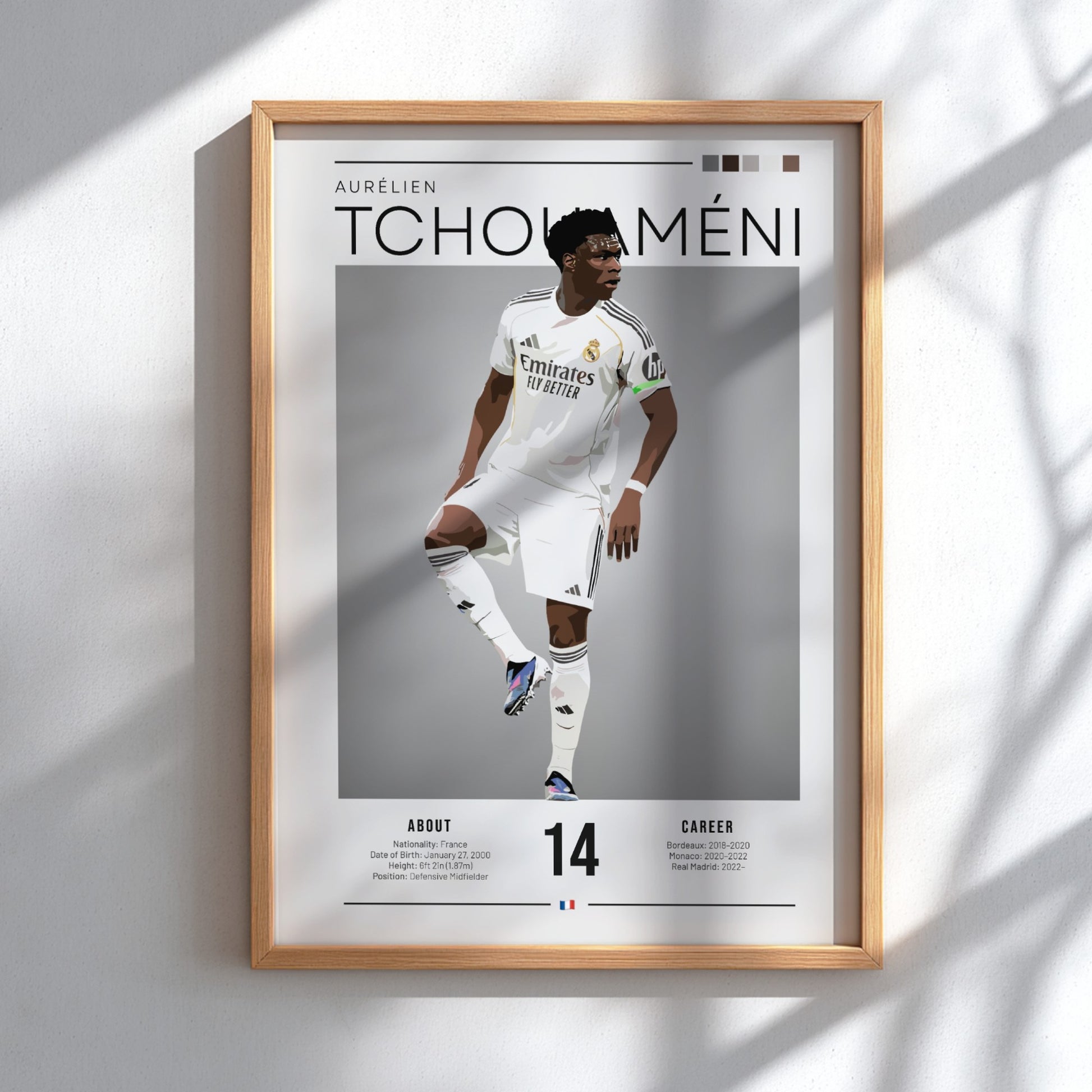 Real Madrid player poster featuring Aurélien Tchouaméni in a dynamic pose with a sleek color palette