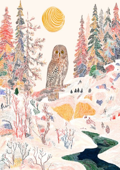 Pine Owl Indigo forest poster with an owl on a branch, stylized trees, and a winding river.