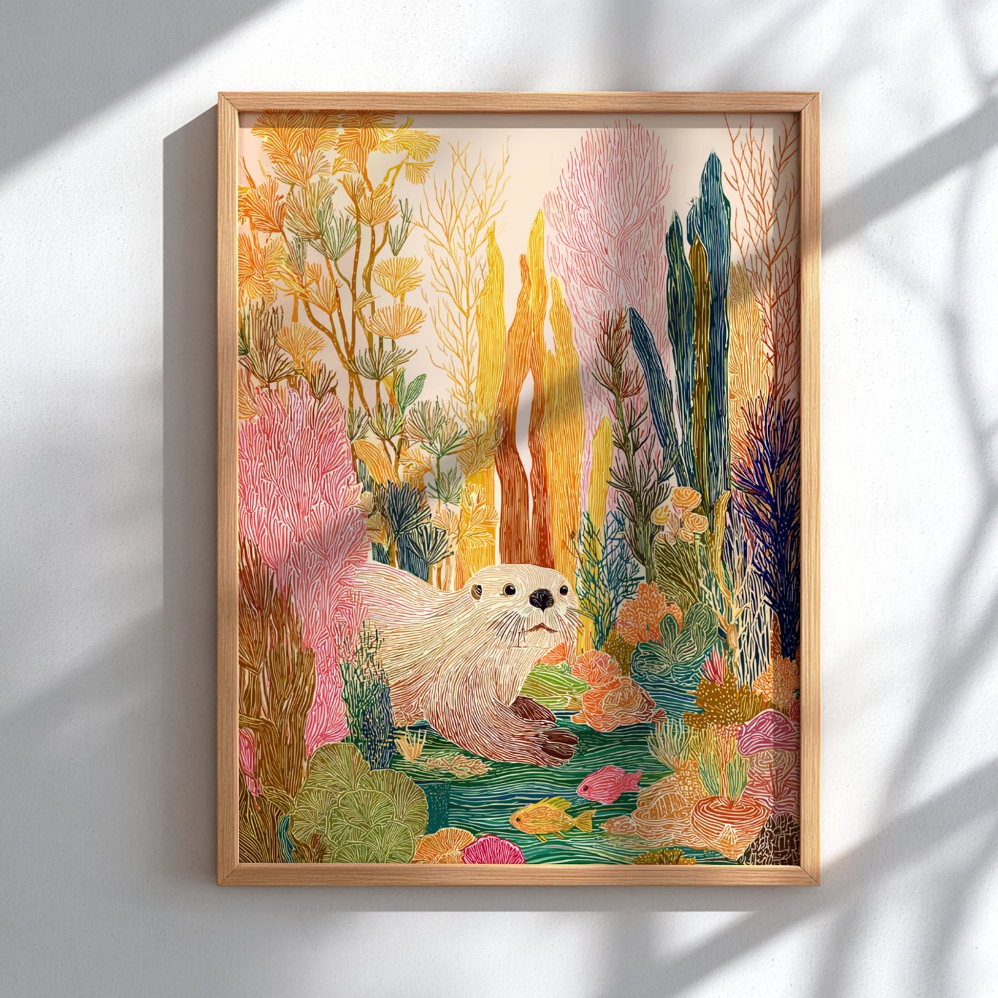 Kelp Otter Gold art print featuring a cute otter in a colorful underwater kelp forest.
