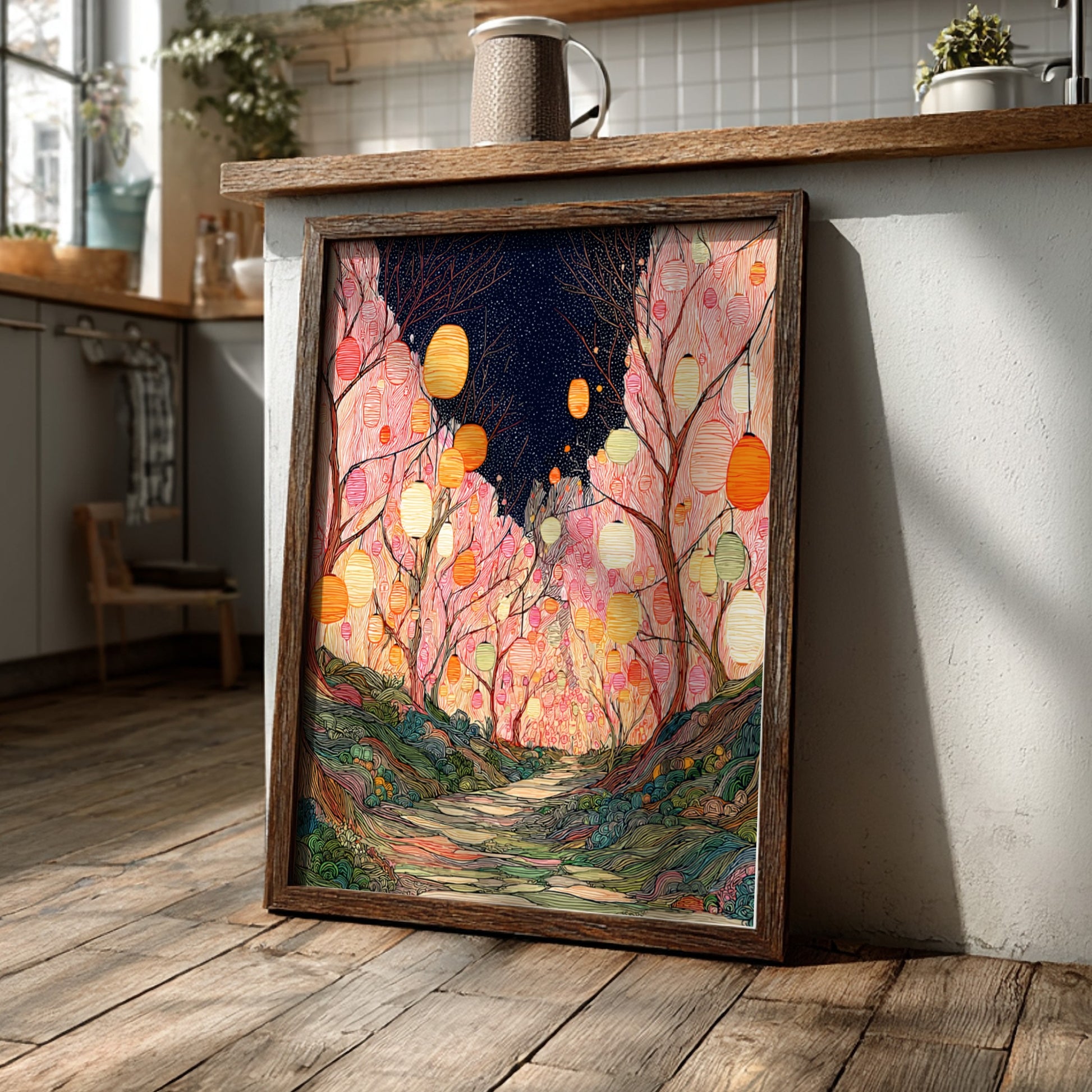Blossom Tanuki Lantern wall art featuring a forest path lit by hanging lanterns.