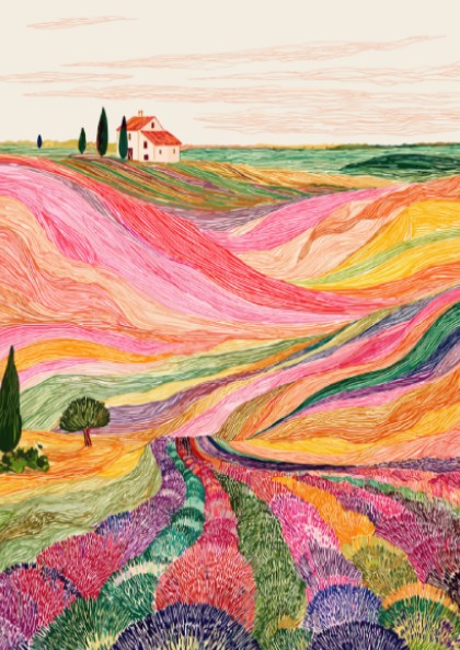 Lavender fields poster with vibrant, textured rows of purple, pink, and yellow flowers leading to a 