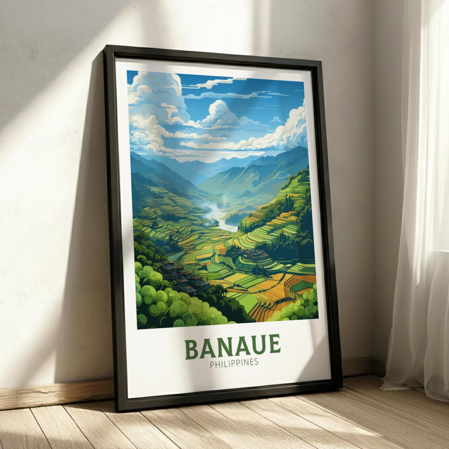 Framed poster of Banaue, Philippines with a scenic mountain landscape.