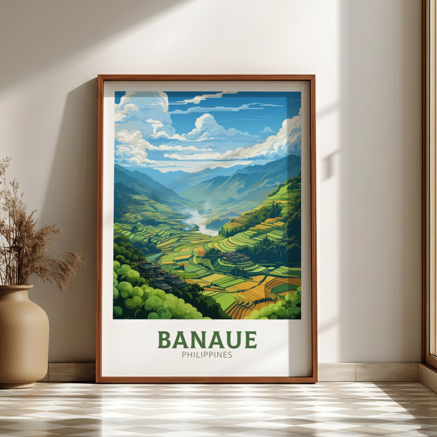 Framed artwork of Banaue, Philippines with a scenic mountain landscape.