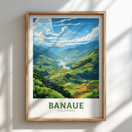 Framed artwork of Banaue, Philippines with a scenic landscape.