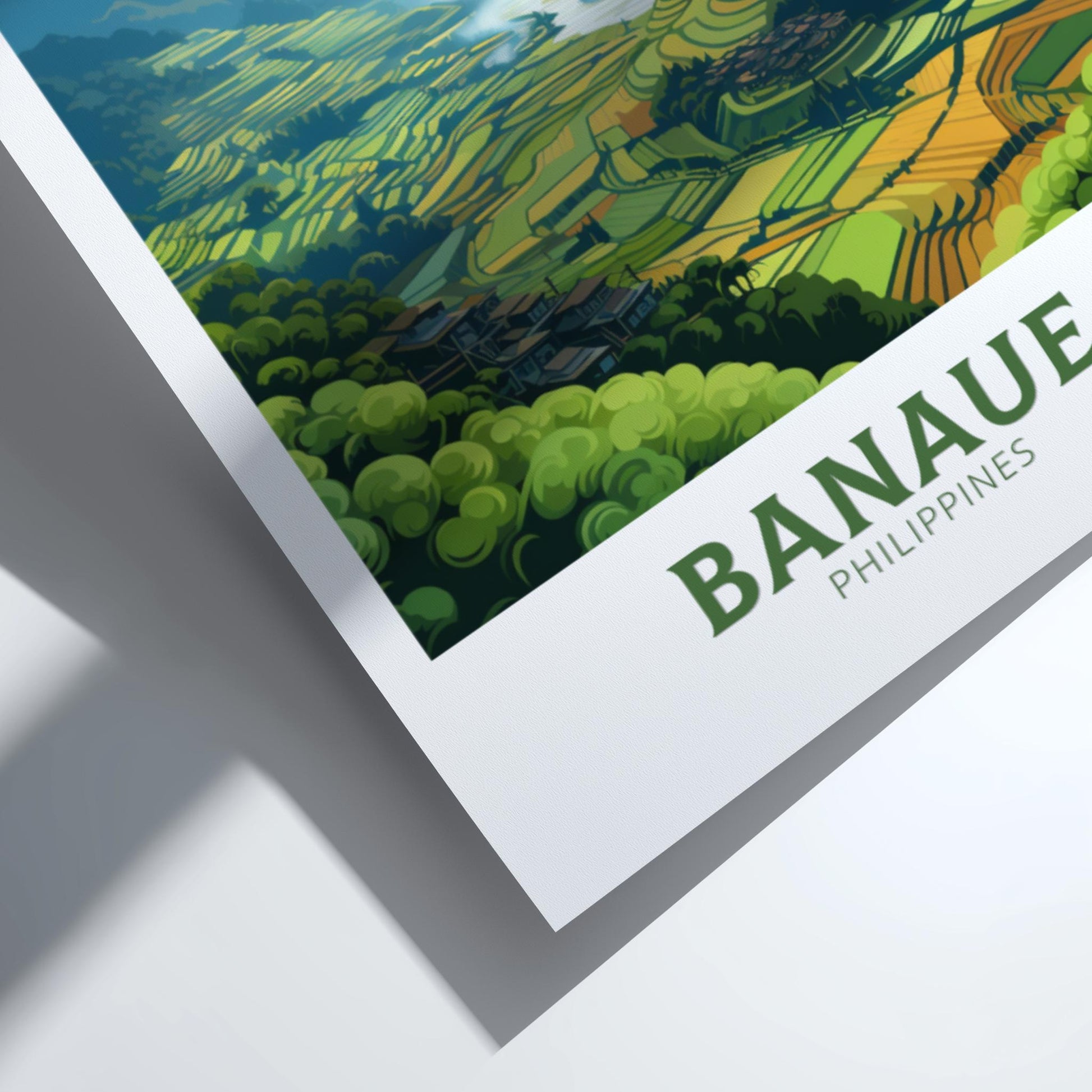 Framed artwork of a landscape with 'Banaue Philippines' text