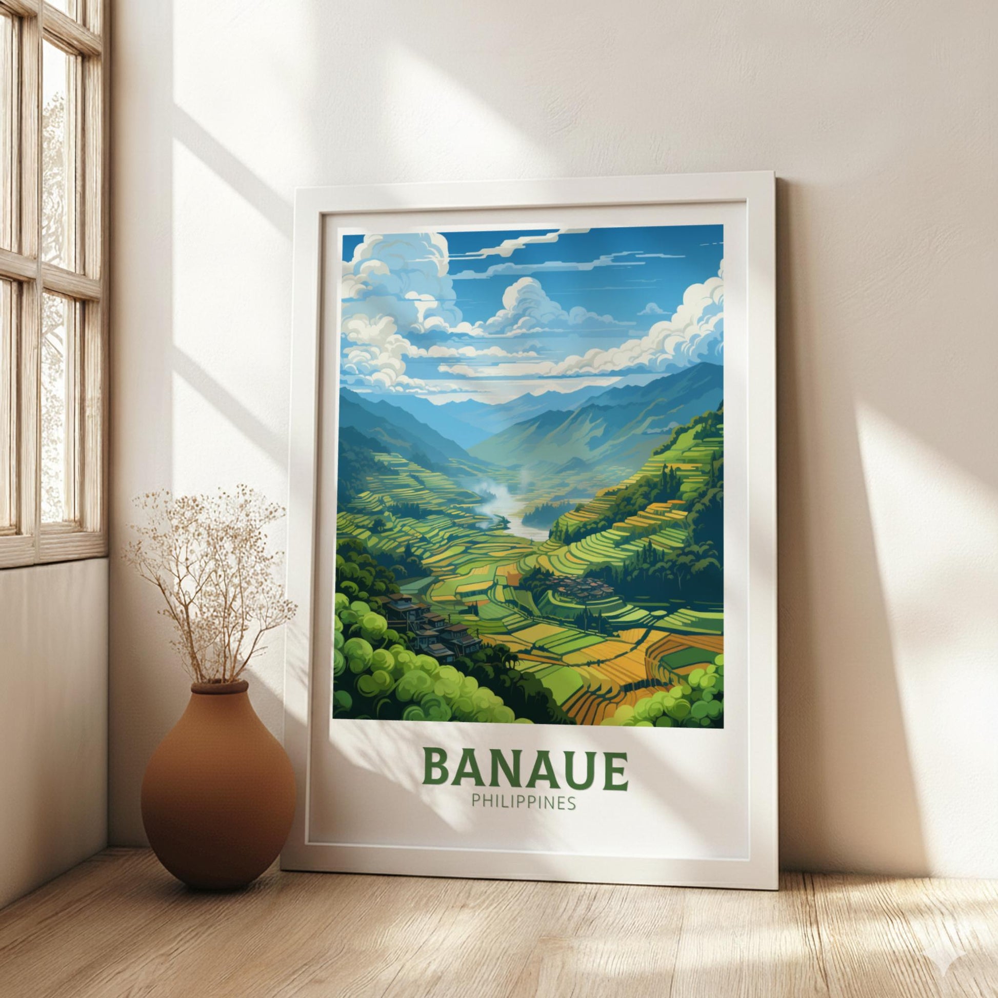 Framed poster of Banaue, Philippines with a scenic view in a room with a vase.